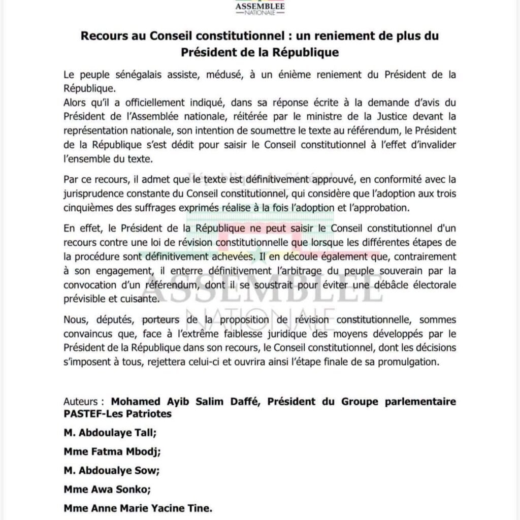 Révision constitutionnelle : Des députés de PASTEF dénoncent un « nouveau reniement » du président Diomaye Faye.